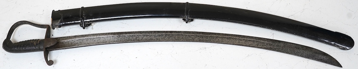 A 1796 pattern light cavalry trooper’s sword in scabbard, blade 82.5cm. Condition - well worn and overpainted.